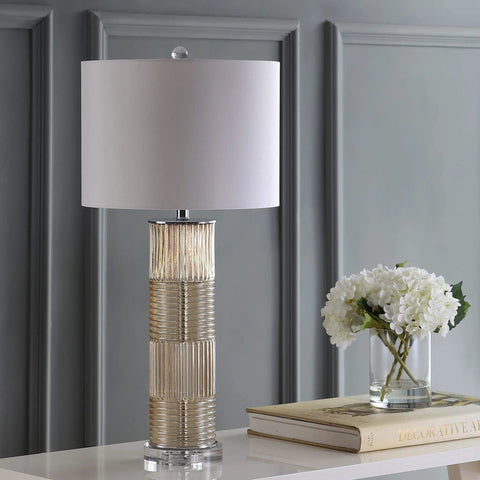 Champagne Glass and Crystal Table Lamp With White Faux Silk Drum Shade, Contemporary Transitional Pillar Lamp on console table