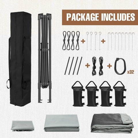 Package contents of 11x11 Pop Up Gazebo Tent With Mesh Netting Instant Outdoor Canopy With UPF 50+ UV Protection Water Resistant Gray