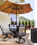 Outdoor setting with black patio chairs and table, featuring Ten Piece Black Patio Chair Spring Plates Swivel Rocker Replacement Sling Repair Kit.
