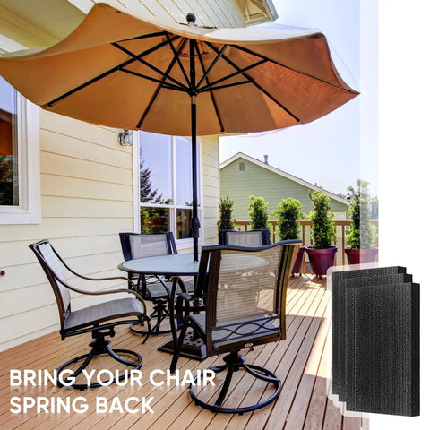 Outdoor setting with black patio chairs and table, featuring Ten Piece Black Patio Chair Spring Plates Swivel Rocker Replacement Sling Repair Kit.
