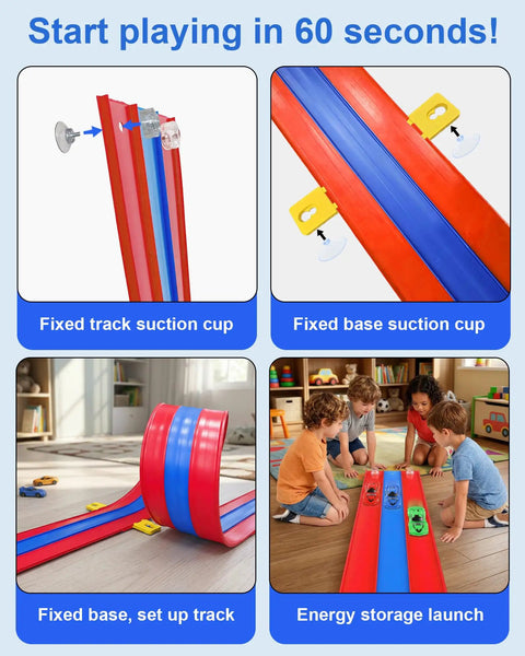 Four images showing the setup of Three Lane Flexible Race Track For Kids with suction cups and kids playing on the track.