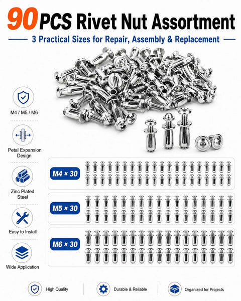Kickstart Your Shop Grind With This Tough Button Rivet Locking Nut Assortment Featuring Solid Zinc Plated Steel Petal Expanding Fasteners For Zero Drama Furniture And Panel Fixes Using M4 M5 M6 Threads, 90 pieces in assorted sizes.
