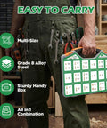 Person holding Beefy 702-Piece Grade 8 Nuts And Bolts Set with hex head cap bolts, flat and lock washers in a green case.
