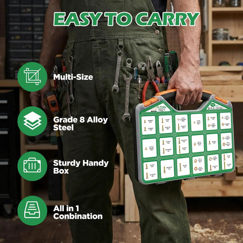 Person holding Beefy 702-Piece Grade 8 Nuts And Bolts Set with hex head cap bolts, flat and lock washers in a green case.