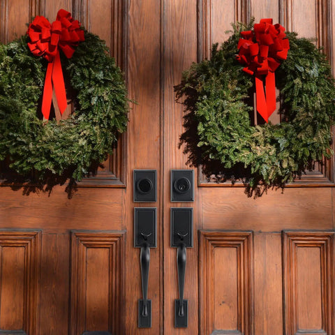 Matte Black Front Door Handle Set For Double Doors With Dummy And Lever Built To Last Tough As Nails Lock Set visible on wooden doors with wreaths