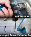Damaged Screw Extractor Set For Stubborn Fasteners, 2-21mm, 39-Piece Broken Bolt Kit in use on rusted fasteners with drill.