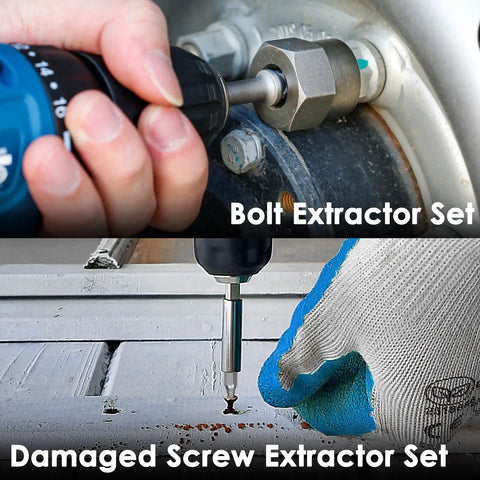 Damaged Screw Extractor Set For Stubborn Fasteners, 2-21mm, 39-Piece Broken Bolt Kit in use on rusted fasteners with drill.