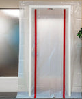 Red ZipDoor Kit For Dust Protection In Remodeling Jobs Pro Grade Flame Retardant Plastic Door Cover With Preinstalled Zippers Easy Access Barrier 4 Mil Thick Heavy Duty Commercial Grade 1 Pack installed in doorway
