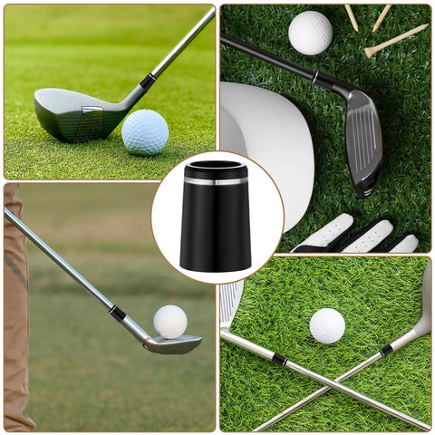 10 Pack.370 Golf Iron Ferrules With Black Body And Silver Ring - Taper Tip Replacement Ferrules shown with golf clubs and balls