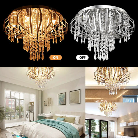 Modern flush mount six light crystal chandelier ceiling fixture, 16.5 inch diameter, in various room settings, on and off.