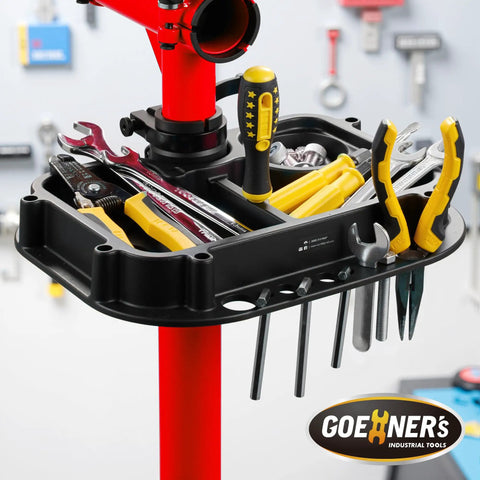 Beefed Up Heavy Duty Bike Repair Stand tools tray with wrenches and pliers, portable aluminum and steel frame