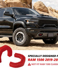 Custom Front Tow Hook Cover For RAM 1500 2019-2026 Red Hitch Cover Easy Install Not For RAM 1500 Classic Warlock 2500 3500 Dodge Ram Accessories Durable ABS Finish Weatherproof And Ready For Show, shown with black RAM truck in desert