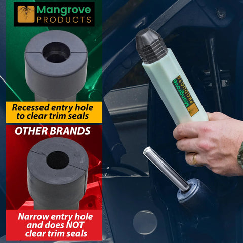 Recessed entry hole on Boat Transom Saver Three Ram Outboard Motor Support Wedge for Mercury and Yamaha Boats 2 Pack