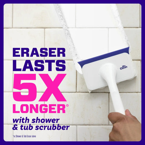 Magic Eraser Shower and Tub Scrubber Bathroom Cleaner in use on tiled wall, highlighting longer-lasting eraser durability.