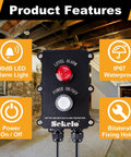 Sump Pump Alarm With 10ft Float Switch And 90dB Alarm, IP67 waterproof, LED power indicator displayed with product features in basement setting