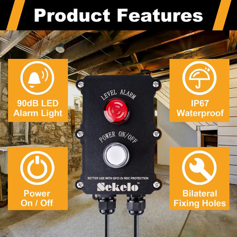 Sump Pump Alarm With 10ft Float Switch And 90dB Alarm, IP67 waterproof, LED power indicator displayed with product features in basement setting
