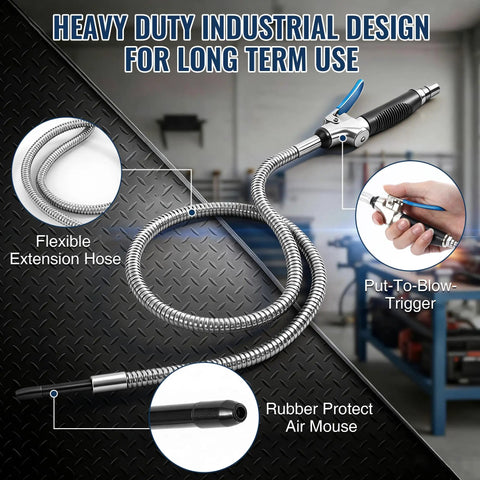 High Pressure Air Blow Gun With 39 Inch Flexible Extension Hose And Adjustable Rotating Nozzle showing steel handle, flexible tube, and rubber tip.