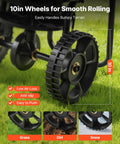 Close-up of 10 inch wheels on Broadcast Lawn Spreader with 9.8 ft coverage, durable for grass, dirt, and snow surfaces