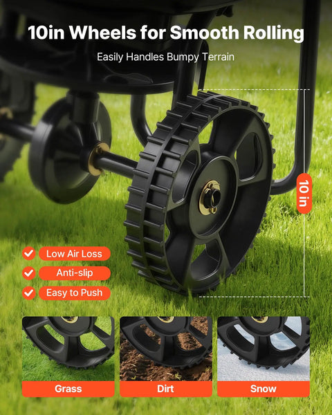 Close-up of 10 inch wheels on Broadcast Lawn Spreader with 9.8 ft coverage, durable for grass, dirt, and snow surfaces