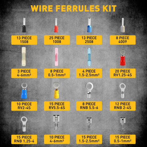 All In One Pro Grade Ratchet Wire Crimping Kit With Five Quick Change Jaws 200 Piece Set for various wire ferrules and terminals.