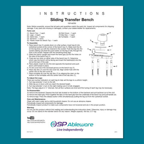 Instruction manual for Beefy Sliding and Rotating Shower Bench With Back White Bariatric Safe Height Adjustable Legs