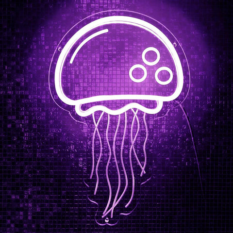 Neon Sign For Wall Decor Jellyfish Style Purple LED Light USB Powered With Dimmer For Bedroom Bar Parties Weddings Personalized Gift 3D Art Vibe Creative Ambient Glow For Home Decor, purple jellyfish design against dark background.