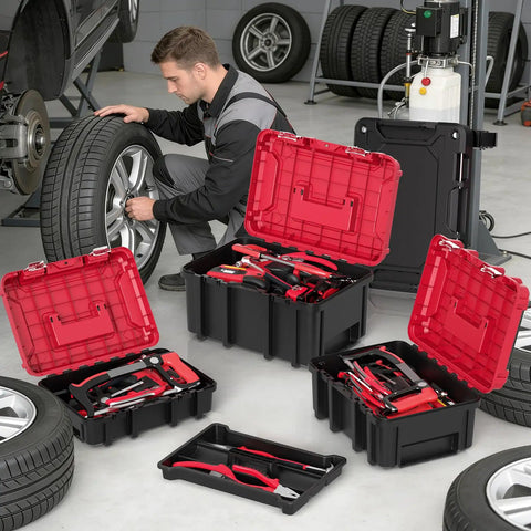 3 In 1 Rolling Tool Box On Wheels With Stackable Modular Organizer System 17 Inch Portable Waterproof Toolbox Red Black