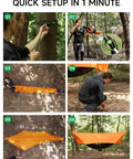 Assembly steps for UltraLight 11 Ft Hammock Shelter With Net And Rain Fly Tarp Four In One Camping Tent setup in forest.