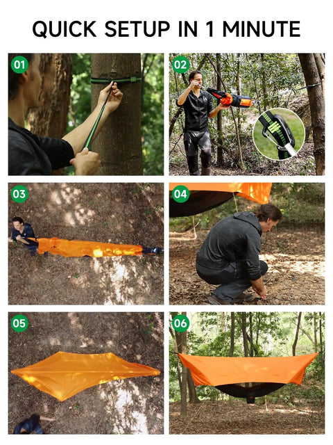 Assembly steps for UltraLight 11 Ft Hammock Shelter With Net And Rain Fly Tarp Four In One Camping Tent setup in forest.