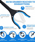 Front view of blue and black 38/44-inch extendable grabber with rotating head