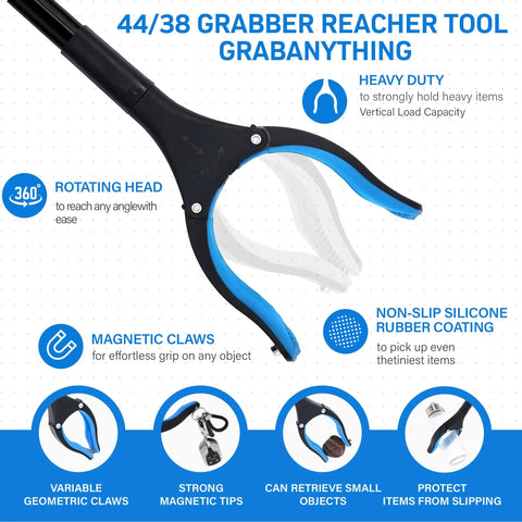 Front view of blue and black 38/44-inch extendable grabber with rotating head