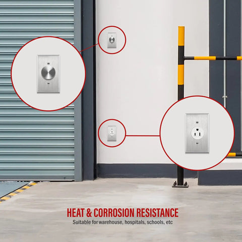 Heavy Duty Metal Wall Plate For 1.406 Inch Single Receptacle 1 Gang Corrosion Resistant 430 Stainless Steel shown in use