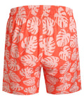 Back view of Orange Mens Swim Trunks No Lining Beach Shorts With Two Zip Pockets Quick Dry Fabric Drift Surf Vibe Plantain Leaves Pattern