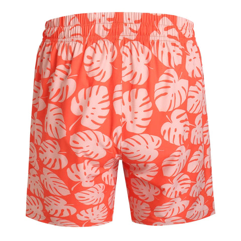 Back view of Orange Mens Swim Trunks No Lining Beach Shorts With Two Zip Pockets Quick Dry Fabric Drift Surf Vibe Plantain Leaves Pattern