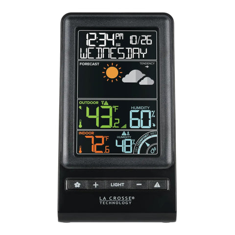 Digital Multi Color Wireless Weather Forecast Station With Indoor Outdoor Sensor Real Time Temperature Humidity Readouts Color Display Forecast Icons And Alerts For Weather Nerds And Easy Home Weather Monitoring, front view