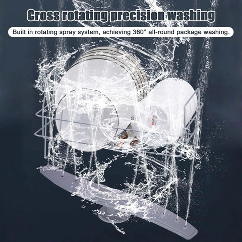 Portable Countertop Dishwasher For Busy Households Featuring Four Cycle Settings And Turbo Hot Air Dryer Holds Up To Twenty Pieces With Zero Hassle Quick Cleanup with dishes being washed in rotating spray system.