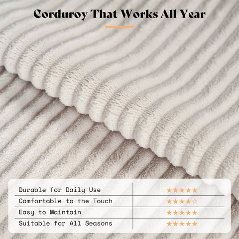 Close-up of cream corduroy fabric showing texture, part of Chill In Style With This Super Comfy Queen Upholstered Bed Frame Featuring A Tall 63 Inch Corduroy Wingback Headboard In Classic Cream Fabric For Ultimate Bedroom Vibes And Solid Nightly Rest.