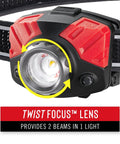 Dual Color LED Headlamp With Twist Focus, 700 Lumen White And Red Beams, Crisp, Clear Light With Seamless Transition From Close Light To Main Beam, Helmet Clip For Hats, Built For Night Owls, close-up of lens with arrows indicating focus direction.
