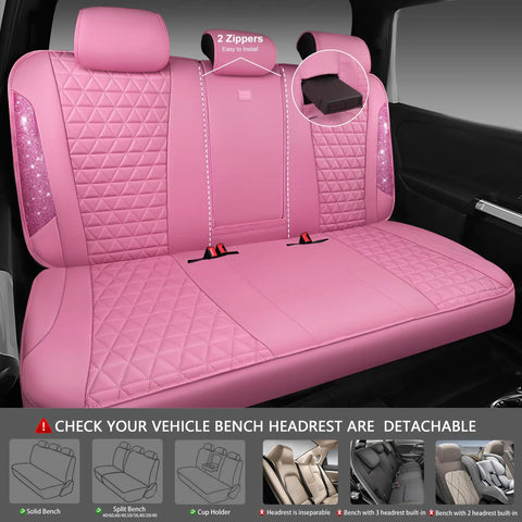 Rear view of Blinged Out Pink Leather Car Seat Covers Full Set Waterproof Glitter Crystal Rhinestone Sparkle With Universal Fit.