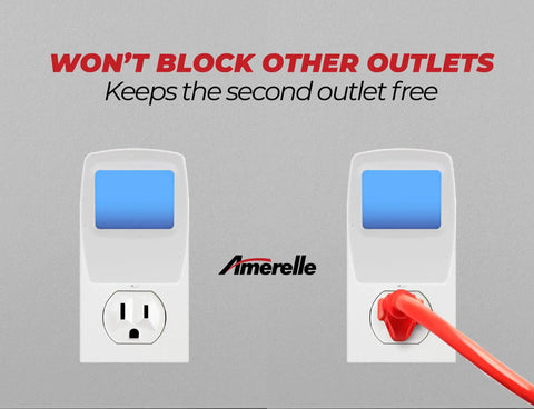Always On Blue Night Light 4 Pack Plug In LED Slim Night Lights shown in outlet with second outlet free