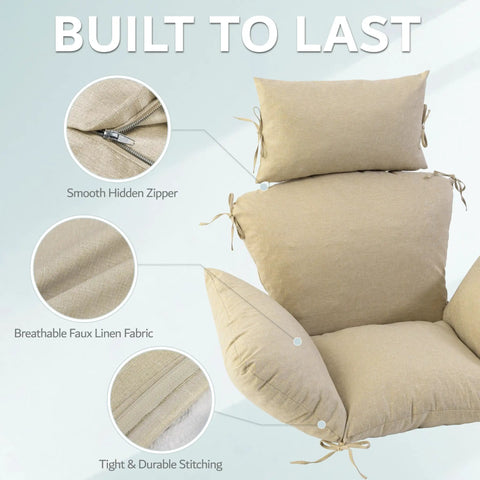 Weatherproof Egg Chair Cushion With 8 Secure Straps Water Repellent Faux Linen Cover shown with smooth hidden zipper, close-up view