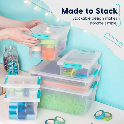 Premium Clear Storage Bins With Reliable Snap Lids 6 Quart Plastic Organizer Containers 4 Pack Made In Usa For Office Documents Notebooks And Files Gonna Keep Your Shelves Neat Straight Up A Must Have