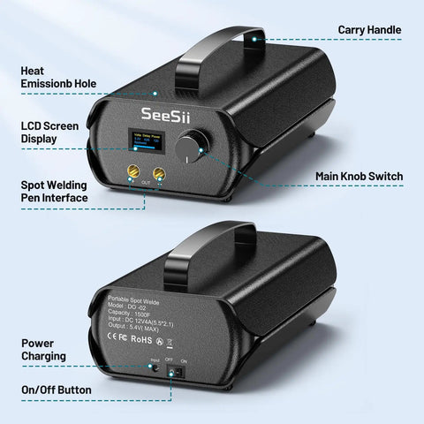 Portable Spot Welder With Farad Capacitor Energy Storage 3000F 120 Adjustable Gears, LCD screen, and dual unit setup for battery packs.