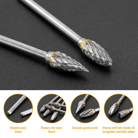 Close-up of Hardcore Tungsten Carbide Rotary Burr Set With 10 Pieces 3mm Shank and 6mm Cutting Bit for wood, stone, and metal working