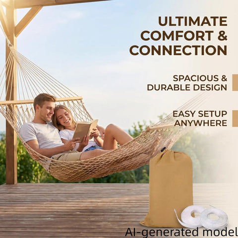 Couple relaxing in Portable Camping Hammock With Wooden Spreader Bar, AntiRollover Mesh Design, Lightweight Outdoor Hammock 79x32 on patio.