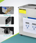 Close-up of 6.5L Ultrasonic Cleaner Pro Grade Heavy Duty With Digital Timer And Heater, showing drainage gate, handle, and non-slip mats.
