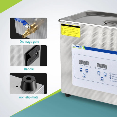 Close-up of 6.5L Ultrasonic Cleaner Pro Grade Heavy Duty With Digital Timer And Heater, showing drainage gate, handle, and non-slip mats.