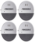 Four Pack Window Alarm Set With 130dB Glass Break Sensor And Vibration Alarm For Homes, Offices, Apartments, And RVs Ultra Slim Easy Install Ideal For Quick Setup And Maximum Deterrence No Wires Needed Instant Alerts. Four slim oval window alarms, plastic, top view.