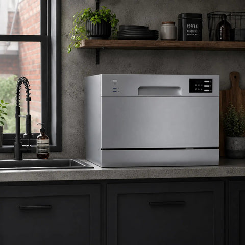 Straight Up Countertop Dishwasher With Six Quick Rinse Cycles And Bright LED Touch Panel on countertop by sink.