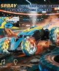 Blue and yellow Rad Gesture Sensing Remote Control Stunt Car For All Terrains 4WD Hand Controlled RC Toy with spinning LED wheels